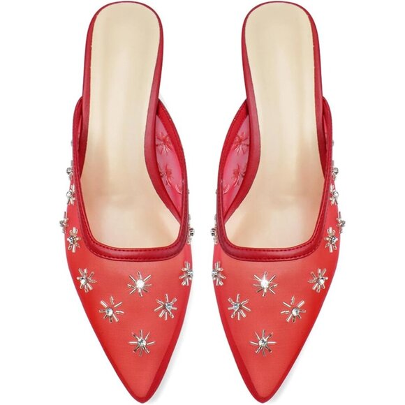 🆕Women Red Mesh Kitten Heel Mules Crystal Flower Pointed Toe Low Heel Pumps - Picture 5 of 5